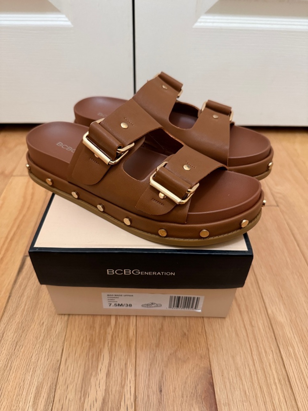 BCBGeneration Tan Platform Double-Buckle Slide Sandals with Gold Studs